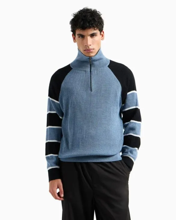 Zipup Sweater With Striped Sleeves Lightblue Men Armani Knitwear Zipup Sweater With Striped Sleeves Lightblue Men Armani Knitwear