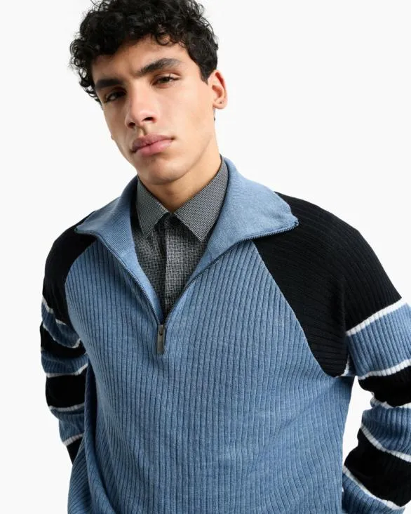 Zipup Sweater With Striped Sleeves Lightblue Men Armani Knitwear Zipup Sweater With Striped Sleeves Lightblue Men Armani Knitwear